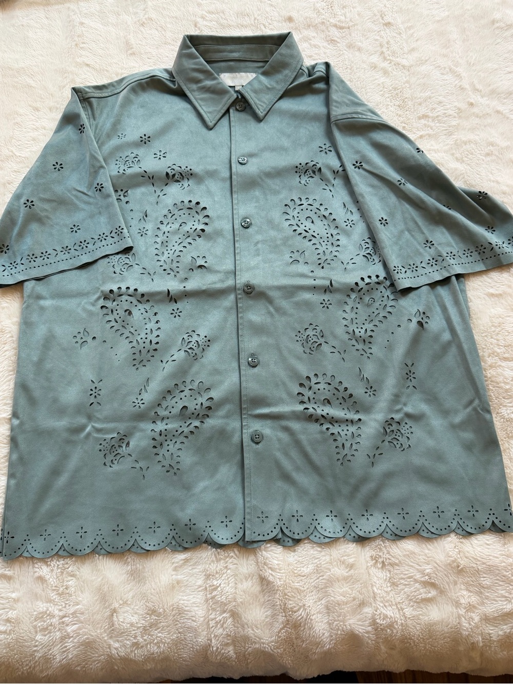 Men's Kith Microsuede Short Sleeve laser Cutwork Shirt Jacket in Sage Green